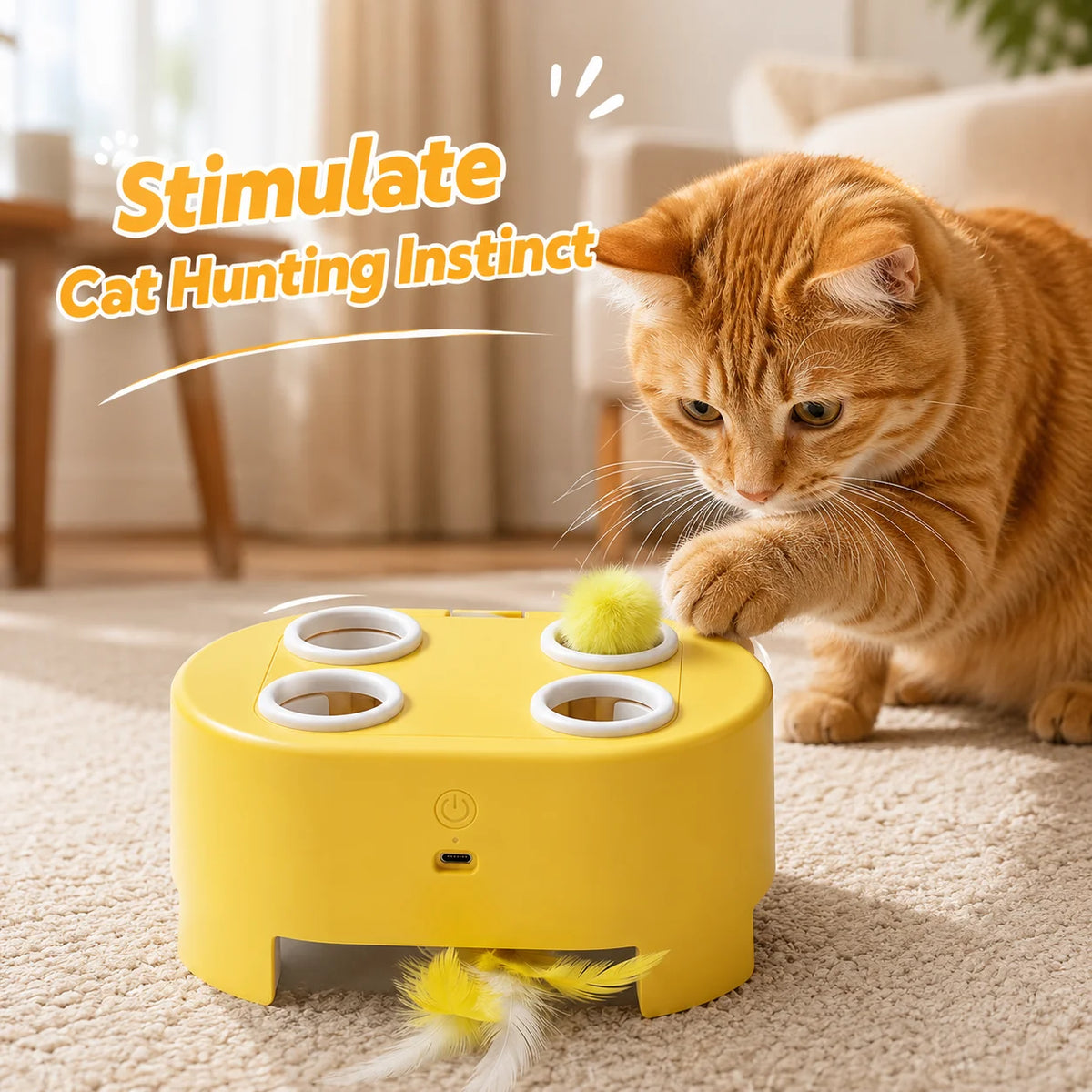 Automatic Whack‑a‑Mole Cat Toy Rechargeable Interactive Kitten Toy Replaceable Feather Ball Indoor Self‑Play Relieve Boredom