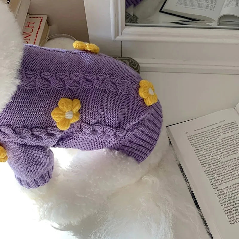 Dog Cute Purple with Yellow Flower Sweater Pullover Warm for Winter Clothes Wear Christmas Gift for Small Little Puppy
