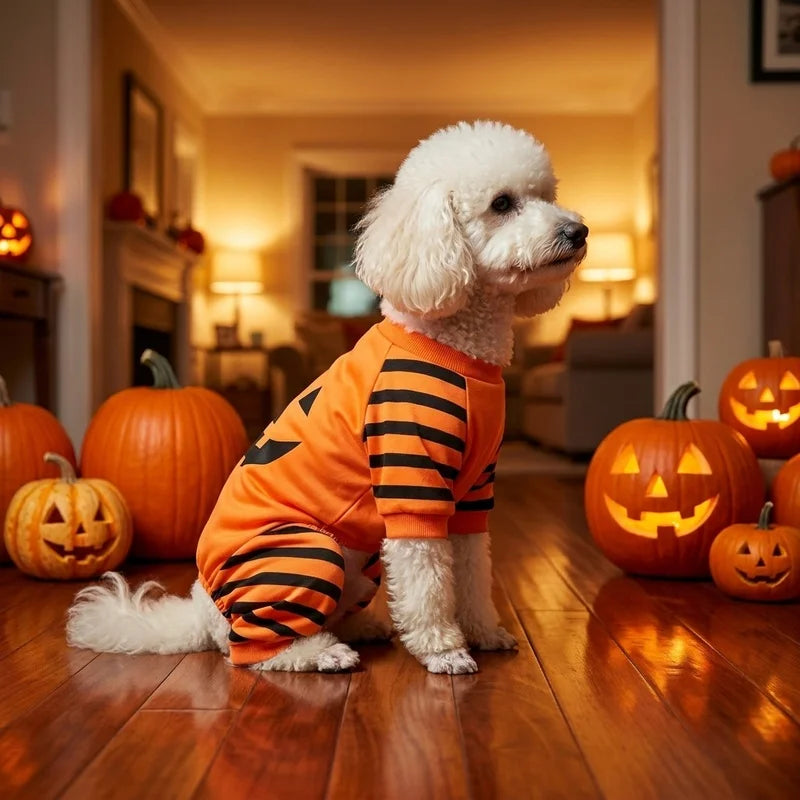 Halloween Lantern Dog Four Leg Jumpsuit Orange Pumpkin Face Puppy Bodysuit Onesie Fall Pajama Outfit For Small Medium Dogs Cats