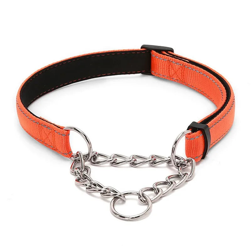 Stainless Steel Chain Martingale Collar Adjustable Dog Chain Reflective Nylon Fabric Pet Collars For Small Medium Large Dogs
