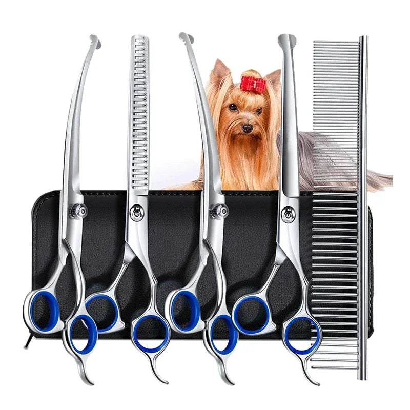 5 In 1 Pet Grooming Scissors Set Stainless Steel Round Tip Safe Hair Thinning Shears For Dogs Cats Trimming Tools