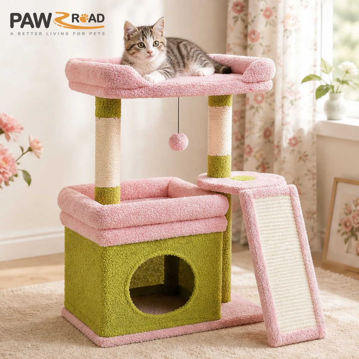 Small Cat Tree for Indoor Cat Tower with Sisal Scratching Post and Pad Wide Top Perch Large Cat Condo Cat Scratchers Cat Toys