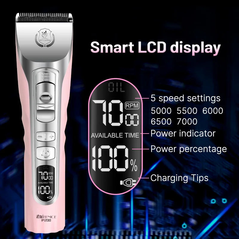 Fenice Sakura Pink Dog Hair Cutting Machine 5000mA Capacity Cordless LCD Screen Pet Dog Grooming Clipper Rechargeable Shaver Set
