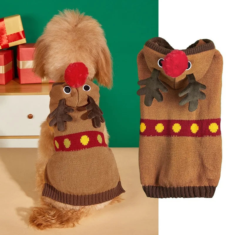 Christmas Pet Sweater for Dogs Cats Gingerbread Man Snowflake Knitted Xmas Jumper, Antler Hoodie with Belt, Warm Festive Costume